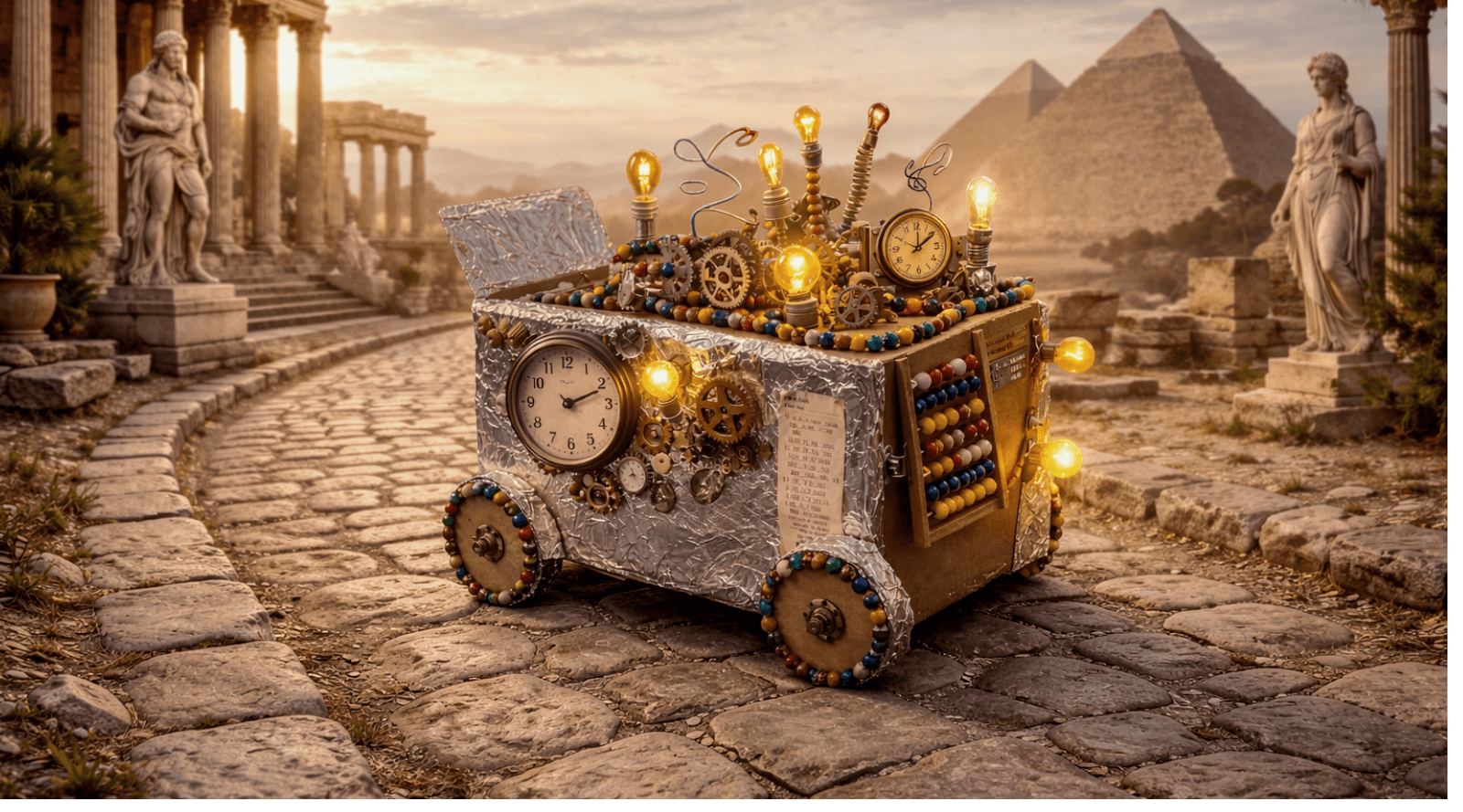 Time machine made of cardboard, foil and beads going through the road of history