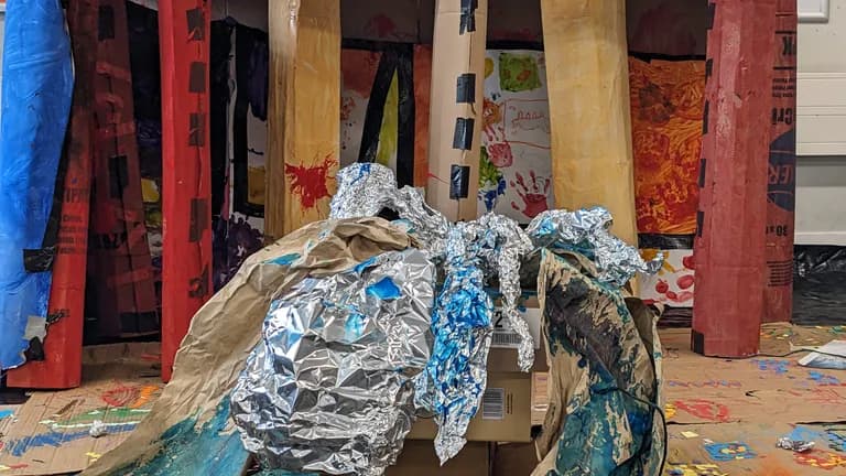 Fountain from foil and columns from cardboard